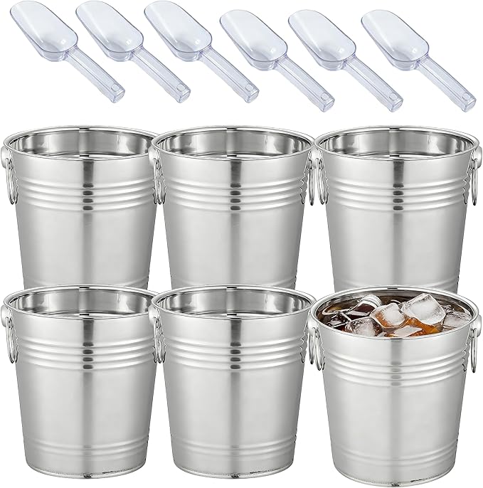 6-Piece Ice Bucket Set with Plastic Scoops | Leak-Proof Large Ice Buckets for Parties, Bars, Outdoor Events | Chilling Containers for Wine, Champagne, Beer (Stainless Steel, Bright Silver)