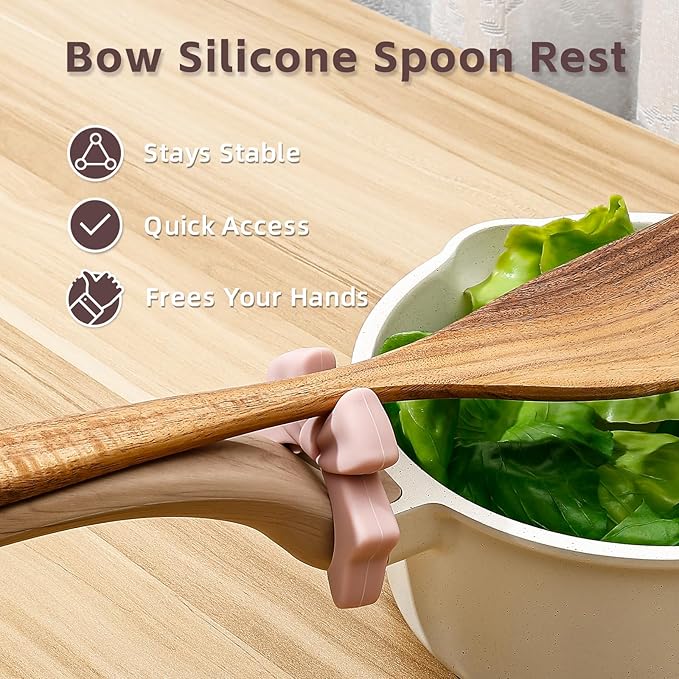 Koythin 3-Piece Bow Silicone Spoon Rest and Spatula Holder, Cute Spoon Rest for Kitchen Counter, Bow Shaped Cooking Holder and Steam Release, Drip-Free Kitchen Gadgets for Pots & Pans (Pink)