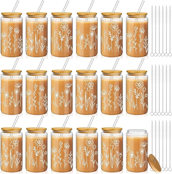 Mumufy 18 Pack Favor Glass Tumblers Boho Floral 16oz Iced Coffee Cups with Bamboo Lids and Straws Bridesmaid Gifts for Wedding Day Elegant Drinkware for Reception and Welcome Drinks
