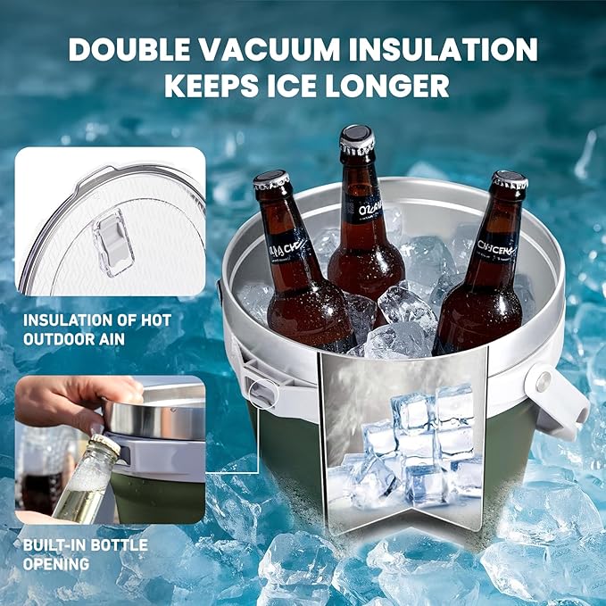 COKTIK 7L Vacuum Insulated Ice Bucket with Lid，Large capacity Stainless Steel Beverage Bucket for Cocktail, Champagne, Wine, Beer，Large Parties（Army Green）