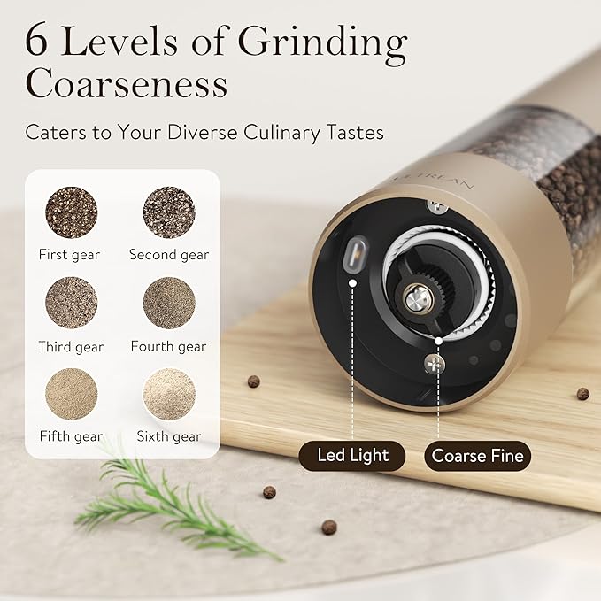 Ultrean Pepper Grinder, Rechargeable Salt and Pepper Grinder Set with 6 Adjustable Coarseness, LED Light, Electric Pepper Mill, Essentials for New Home Housewarming, Brown