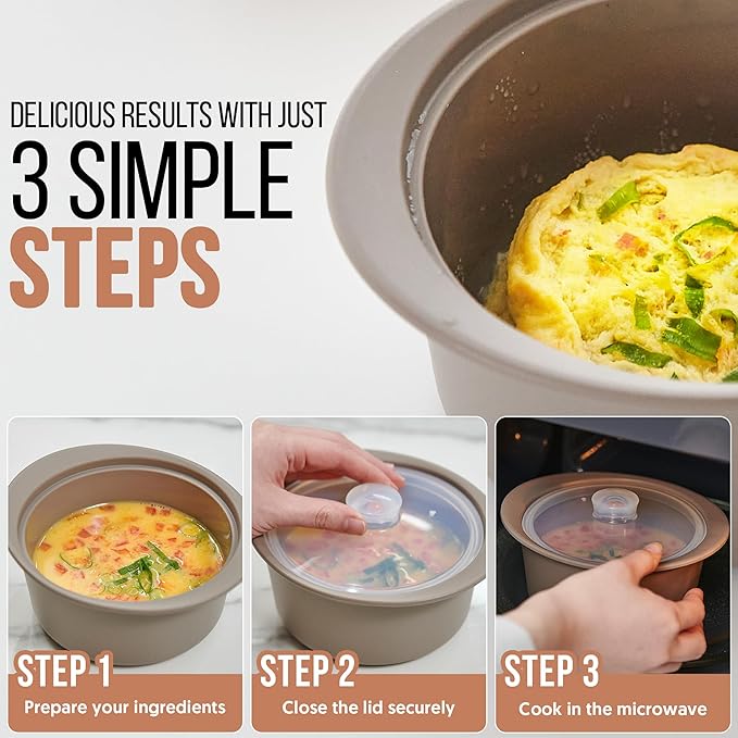 27oz Platinum Silicone Microwave Steamer Pot with Handle & Lid - Korean 100% Food-Grade Steamer Bowl, Heat-Resistant Cooker with Steam Holes, Easy Clean, Dishwasher Safe, Taupe Brown