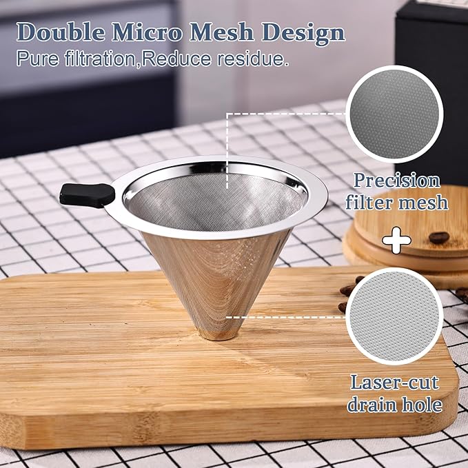 Pour Over Coffee Filter Dripper, Stainless Steel Metal Cone Drip Coffee Filter, Paperless and Permanently Reusable, Double Mesh Coffee,Tea Filter for 1-3 Cup