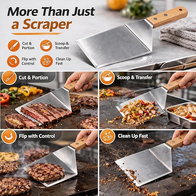 Extra Wide Griddle Spatula – Large Metal Grill Spatula with Full Tang Wooden Handle & Beveled Edges, Heavy Duty Turner for Skillets, Griddles & Grills, Perfect for Burgers (Style 04)