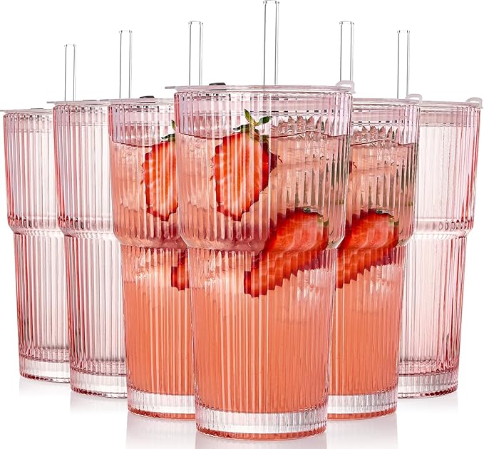6PCS Pink Ribbed Glass Cups with Lids and Straws, 20oz Vintage Drinking Glasses, Aesthetic Iced Coffee Cups, Glass Tumbler for Boba, Beer, Tea, Cocktails, Ribbed Glassware Set (Pink-6)