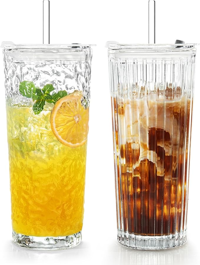 Puraville 2 Pack 18oz Glass Cups with Lids and Straws, Vintage Ribbed Striped Glacier Pattern Thickened Glassware for Whiskey Cocktail Beer, Mason Jar Drinking Glasses Tumbler Iced Coffee Cup, Clear