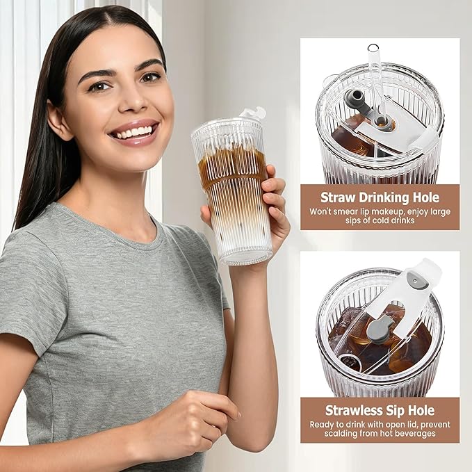 TUZAZO 20 Oz Ribbed Glass Tumblers with Lids and Straws - 4 Pack Reusable Glass Coffee Cups with Straws and Lids, Thicken Glass, Ideal for To Go Iced Coffee