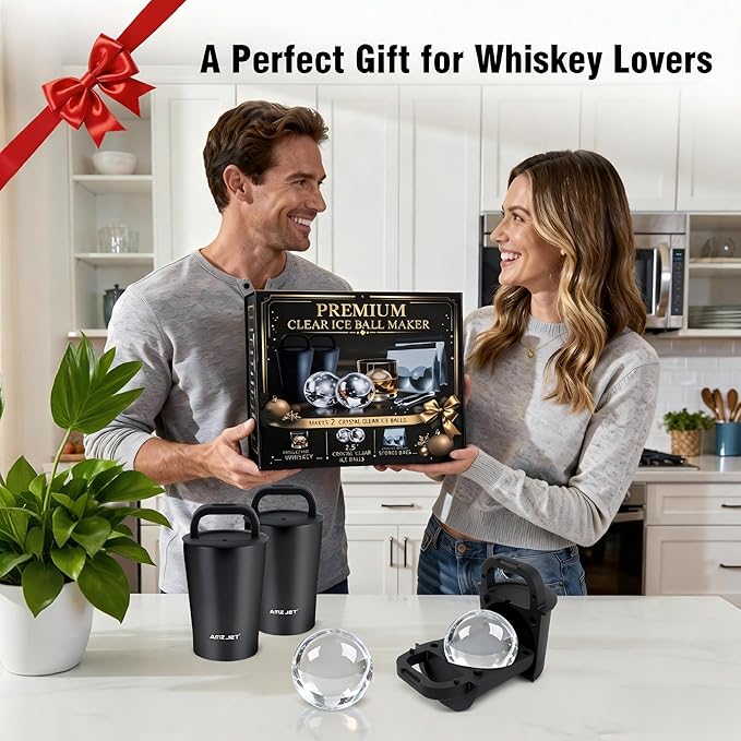 Clear Ice Cube Maker Premium Gift Set – Stainless Steel Whiskey Ice Ball Mold, 2.5” Ice Sphere with BPA-Free Silicone, Slow Melting Easy Release Ice for Bourbon Cocktails, Ideal Gifts for Men Dad