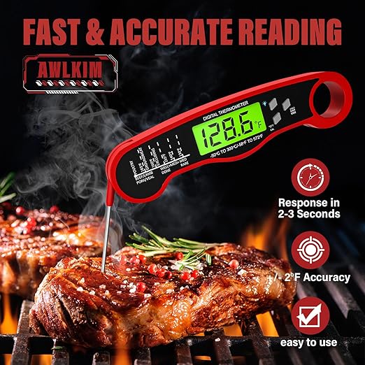 AWLKIM Meat Thermometer Digital - Instant Read Waterproof Food Thermometer with Backlight for Cooking, Grill, Candy, Kitchen & Stocking Stuffers for Men - Red