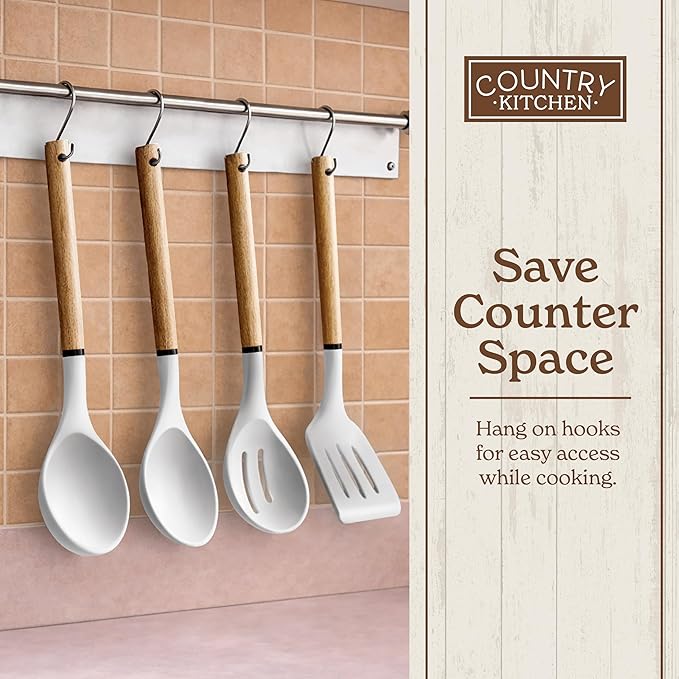 Country Kitchen Non Stick Silicone Utensil Set with Rounded Wood Handles for Cooking and Baking, 8 Piece Set, White