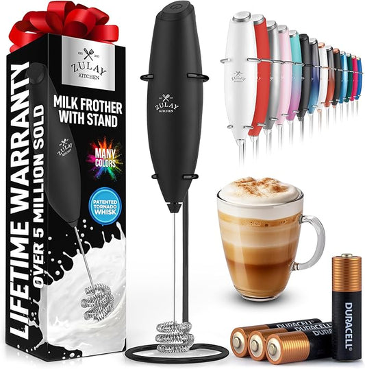 Zulay Kitchen Patented Tornado Triple Whisk Milk Frother with 4 Duracell Batteries – Handheld Foam Maker for Coffee, Lattes, Matcha & Hot Chocolate – Rich, Creamy Froth in Seconds - Executive Black