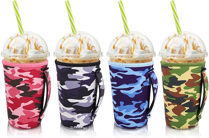 4Pack Reusable Iced Coffee Sleeve Insulator Sleeves for Cold Drinks Beverages, Neoprene Cup Holder for Most Coffee, Fits 22-24oz Medium Cups (Camo with Handle)