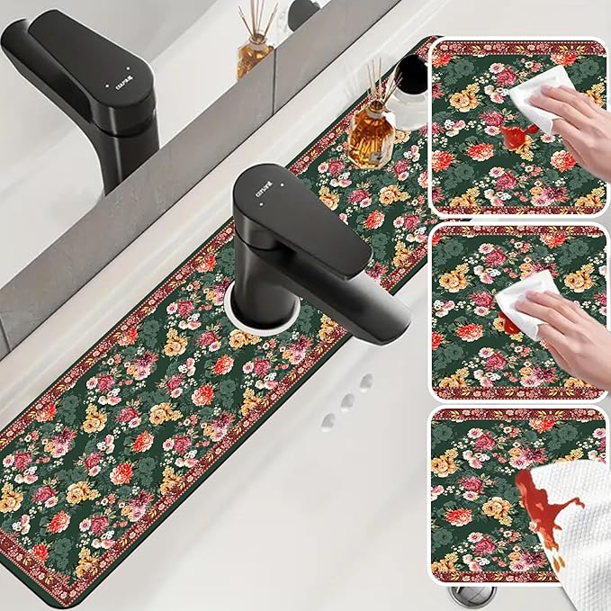 Sink Faucet Absorbing Mat Colorful Flowers Sink Splash Guard Drying Mat for Kitchen Bathroom Faucet Sinkmat 23.5"X5.5"