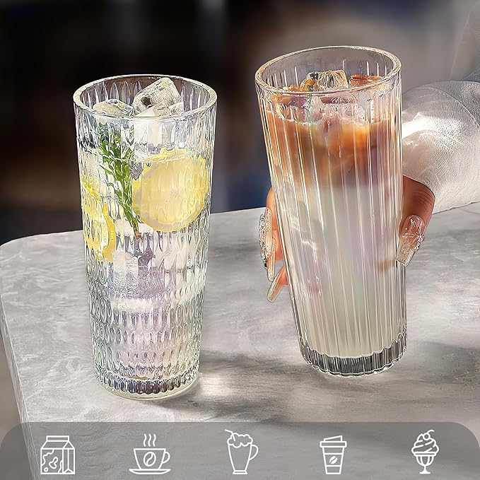 Puraville 2 Pack 18oz Glass Cups with Lids and Straws, Vintage Ribbed Striped Thickened Glassware for Whiskey Cocktail Beer, Mason Jar Drinking Glasses Tumbler Iced Coffee Cup, Rainbow