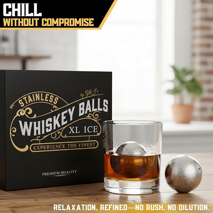 Gifts for Men, Dad, Husband - 4 Stainless Steel Whisky Ice Balls(2XL,2L), Tongs & Freezer Pouch in Luxury Gift Box for Bourbon|Scotch|Whiskey Lovers! (Not-Solid)
