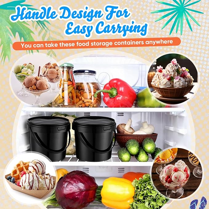 Funnymoom 20 Pack 48 oz Black Buckets with Lid and Handle Plastic Food Storage Containers Round Plastic Pails Freezer and Microwave Safe for Food