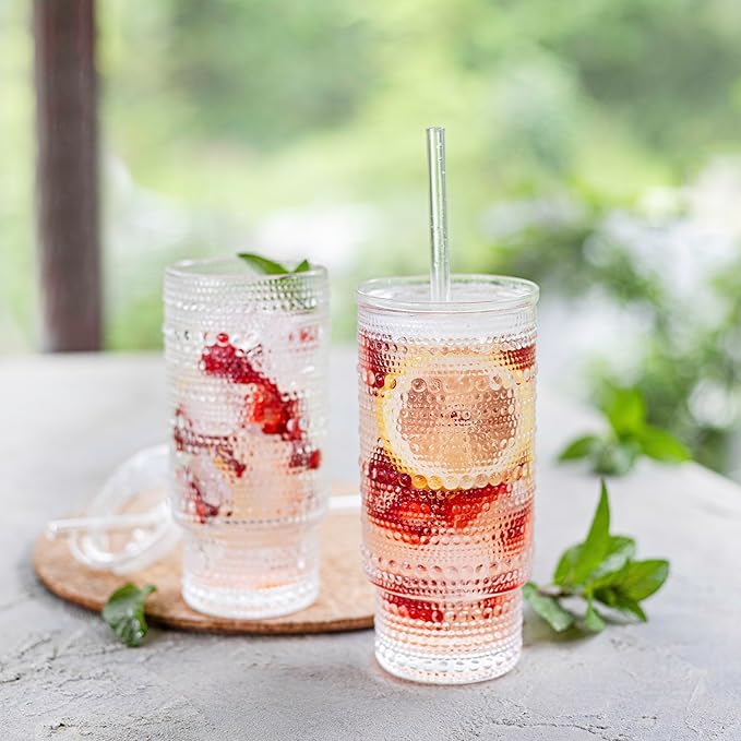Birchland All Glass Hobnail Tumbler with Glass Lid and Straw, Beaded Style Set of 2 (16 oz Hobnail)