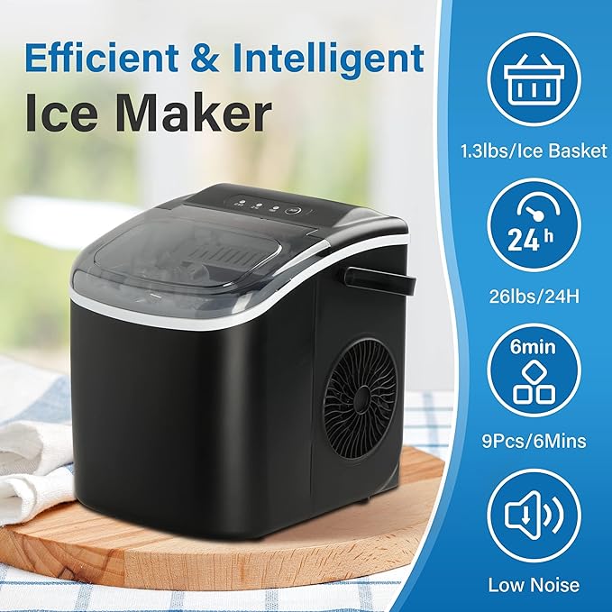 HealSmart Ice Maker for Countertop, 26lbs Ice/24Hrs, 9 Ice Cubes Ready in 6 Mins, Self-Cleaning Feature, Ice Spoon and Basket Included, for Home, Kitchen, Camping, Party, Black New