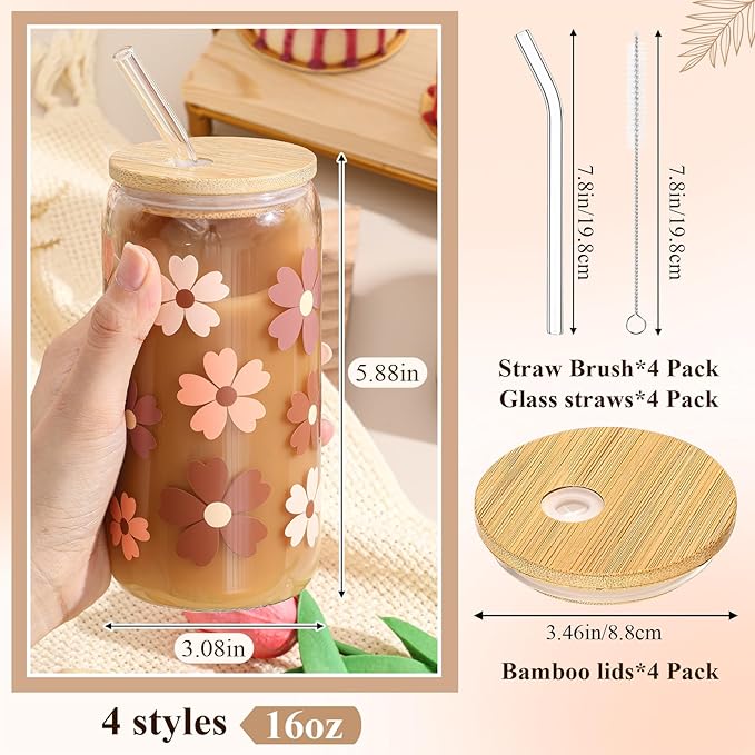 Mumufy 4 Pack Bridesmaid Glass Tumbler Gifts Cute Boho Floral 16oz Iced Coffee Cups with Bamboo Lids and Straws Elegant Bridal Party Proposal and Wedding Shower Gifts