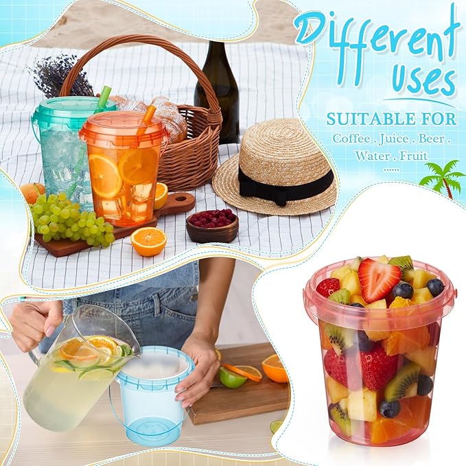 Funnymoom 60 Set 34oz Disposable Plastic Drink Buckets with Lids and Straws Pastel Iced Coffee Cups Rum Buckets for Cocktail Parties Smoothie Cup Bulk with Handles for Beach Pool Party Supplies