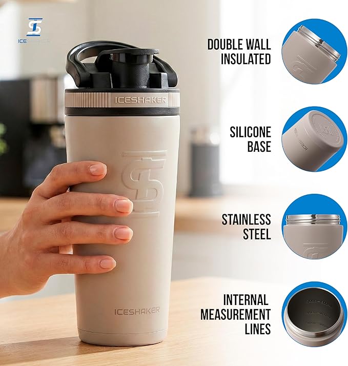 Ice Shaker Insulated Stainless Steel Shaker Bottle | 26oz, Java | Cold for 30+ Hours | Insulated Cup with Twist-on Agitator | Odor-Free Bottle for Protein Shakes, Water, Smoothies, Cocktails
