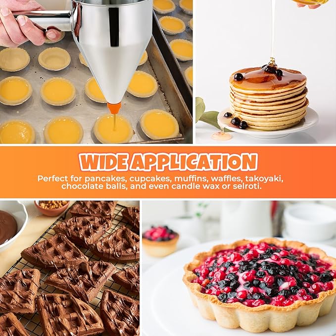 40oz Stainless Steel Pancake Batter Dispenser with Stand and Tools, Great for Pancakes, Cupcake, Candle Wax Pourer, Durable, Leak-Free and Easy to Clean