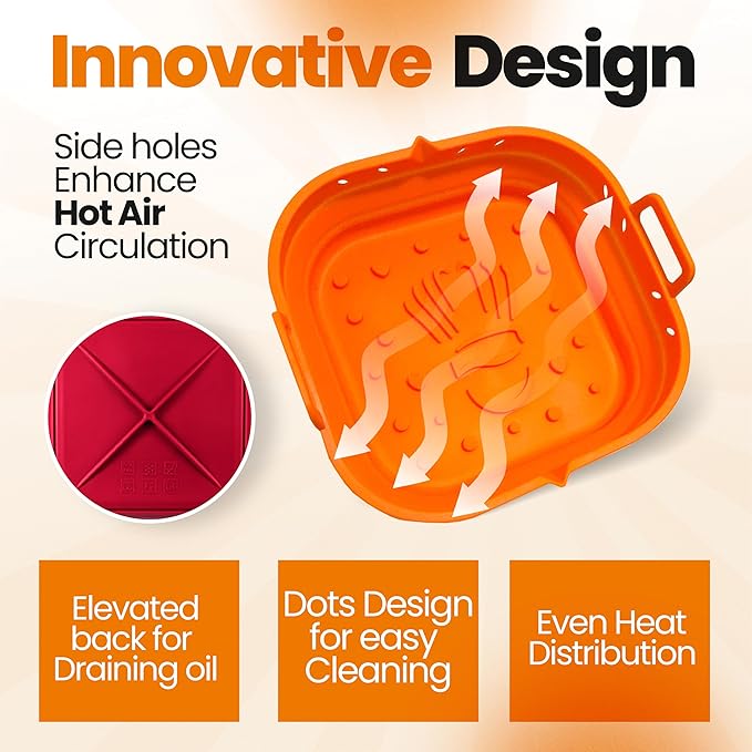 Platinum Silicone Air Fryer Liners Reusable Square-Extra Strong-Easy to Clean Air Fryer basket for Oven Microwave Accessories - BPA Free - Food Safe Pot for 5.8QT to 8 QT - 9 Inch