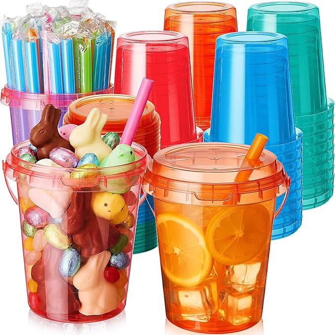 Funnymoom 60 Set 34oz Disposable Plastic Drink Buckets with Lids and Straws Pastel Iced Coffee Cups Rum Buckets for Cocktail Parties Smoothie Cup Bulk with Handles for Beach Pool Party Supplies