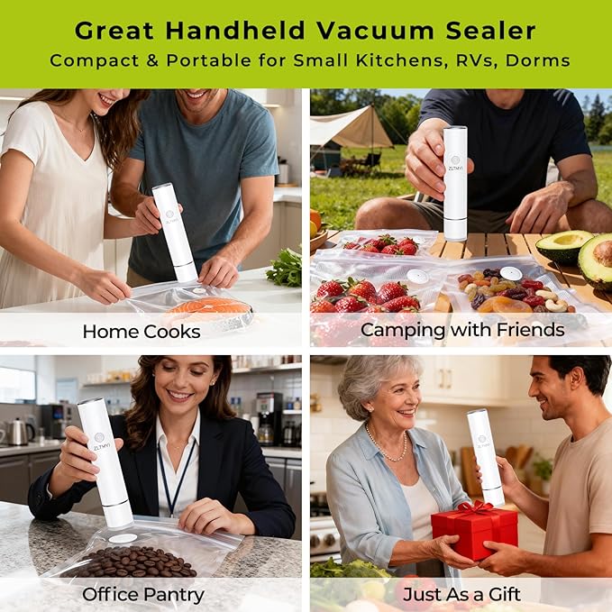 Handheld Vacuum Sealer for Food, 65kPa Portable Vacuum Pump with 30 BPA-Free Reusable Food-Grade Bags, Type-C Rechargeable for Meal Prep, Leftovers, Freezer Storage, Sous Vide & Containers