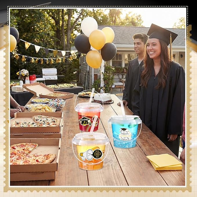 Funnymoom 30 Set 2026 Graduation Clear Plastic Cups with Lids & Straws 24oz Disposable Rum Drink Buckets Bulk for Cocktail Parties with Handles & Stickers for Graduation Beach Pool Party Supplies