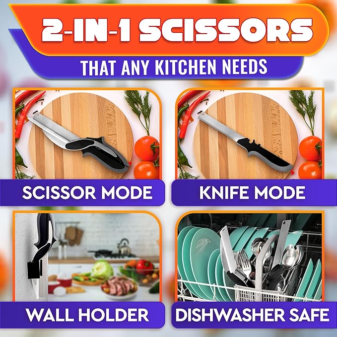 2 in 1 Kitchen Scissors for Food – Stainless Steel Blade & Plastic Cutting Board Scissors with Safety Lock | 9.5" Tomato Knife, Fruit & Vegetable Cutter – Easy-to-Use Kitchen Shears for Meat, Cheese