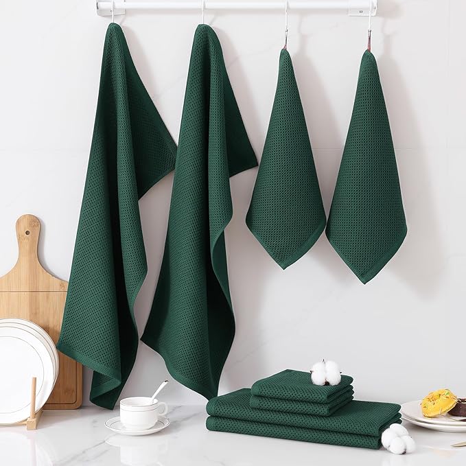 Homaxy 100% Cotton Kitchen Towels and Dishcloths Set, 12 x 12 Inches and 13 x 28 Inches, Set of 16 Bulk Kitchen Towels Set, Ultra Soft Absorbent Dish Cloths for Washing Dishes, Blackish Green
