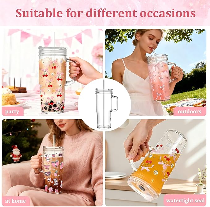 Birity 24oz Pink Bow Glass Cups with Lids and Straws,2 Set Glass Tumbler with Handle,Galss Cup with Stickers and Aesthetic Iced Coffee Cup for Smoothies,Tea,Juice,Boba,Christmas Gifts for Women