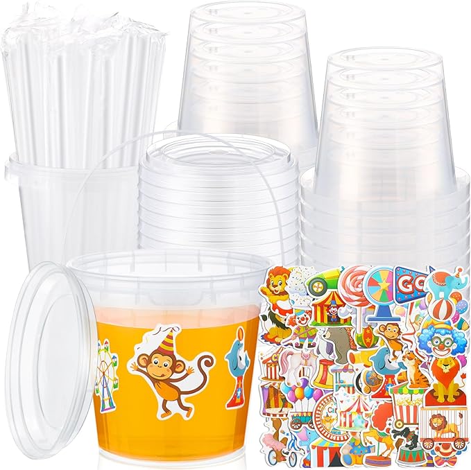 Funnymoom 30 Set Carnival Circus Drink Buckets with Lids and Straws 24oz Clear Disposable Plastic Cups Rum Cocktail Pails with Handles & Cups for Adult Party Favors, Vintage Theme Party Supplies