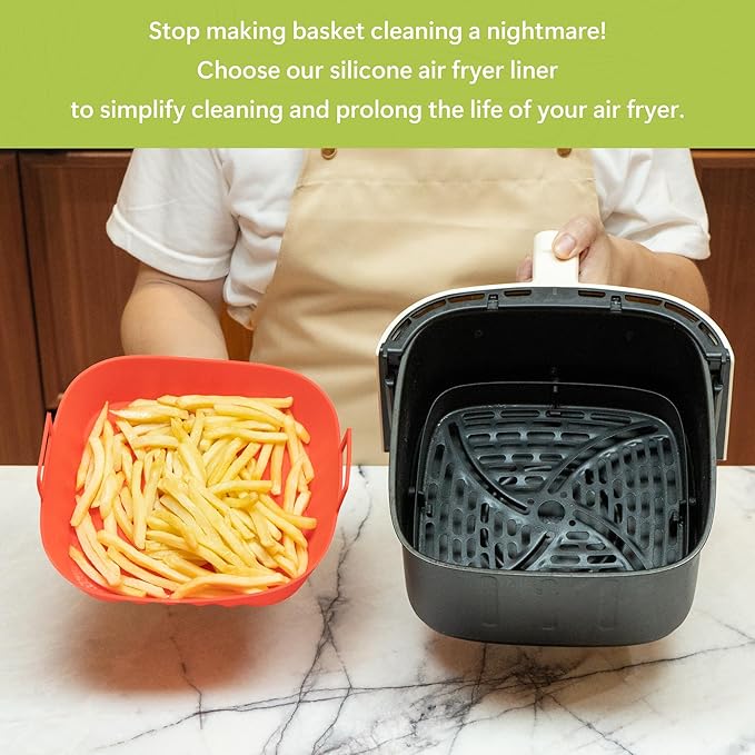 Li&Zhao Silicone Air Fryer Liners Reusable - 2 PCS Square Air Fryer Inserts Air Fryer Accessories 4 to 7 Qt Silicone Liners Basket for Kitchen (Red & Gray)