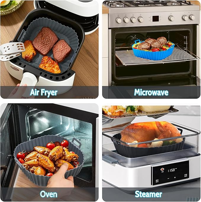 Komzon Silicone Air Fryer Liners Reusable 3 PCS, Airfryer Liners, Silicone Air Fryer Basket Liners Square, Food Grade AirFryer Accessories 4-7 QT, Ktchen Gadgets for Pot Oven Liner Baking Tray Pan