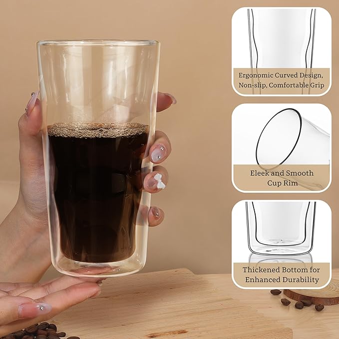 Joeyan Double Wall Glass Tumbler, 15.2oz Wave Insulated Highball Glasses, Clear Borosilicate Tall Glass Coffee Drinking Cups for Iced Coffee, Latte, Cocktails, Tea, Smoothie, Mixed Drinks, Set of 2