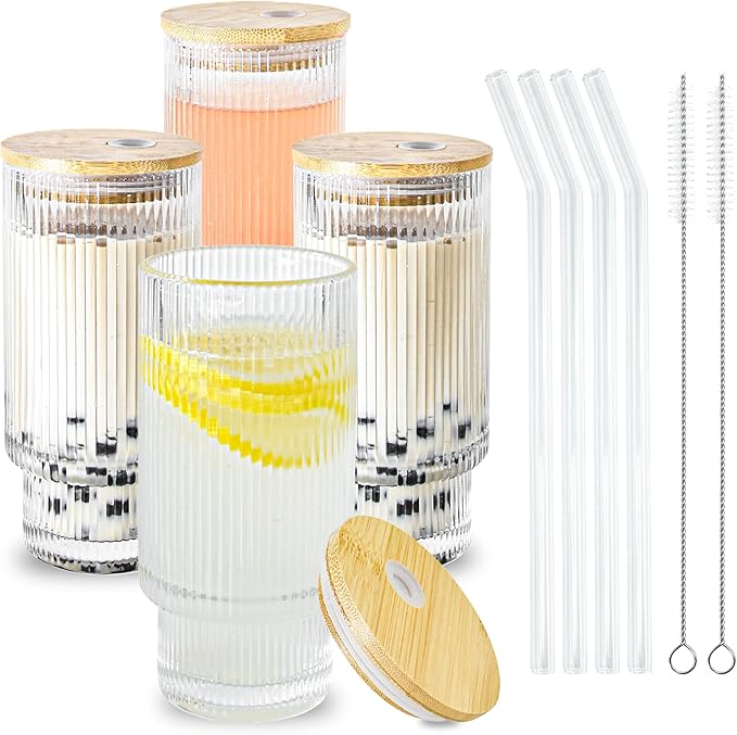4 Pcs 16 oz Glasses Cups Set with Bamboo Lids Straws Brush Ribbed Vintage Aesthetic Glassware Set for Tea Iced Coffee Beer Cocktail Whiskey