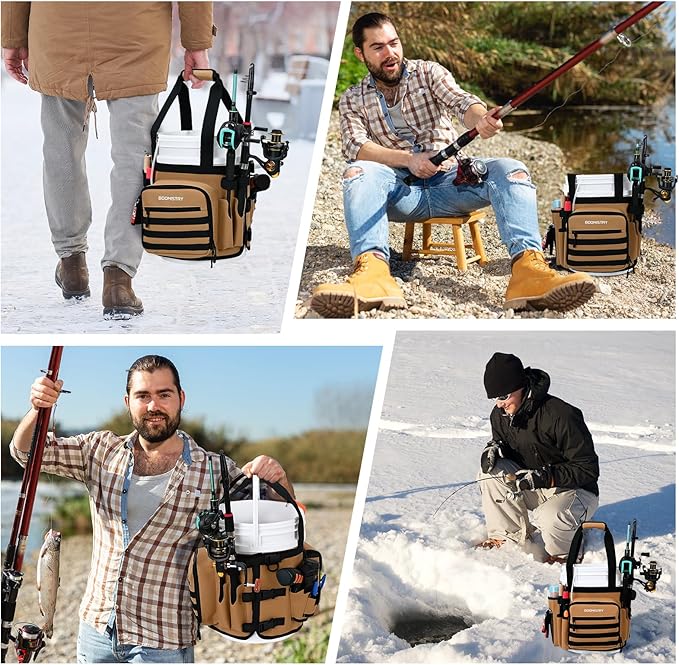 Boomistry Fishing Bucket Organizer for 5 Gallon Bucket Accessories, Fishing Tackle Bag with Adjustable Buckle, Fishing Rod Bag with 15 Multi-Pockets for Fishing Gear and Equipment (Khaki)
