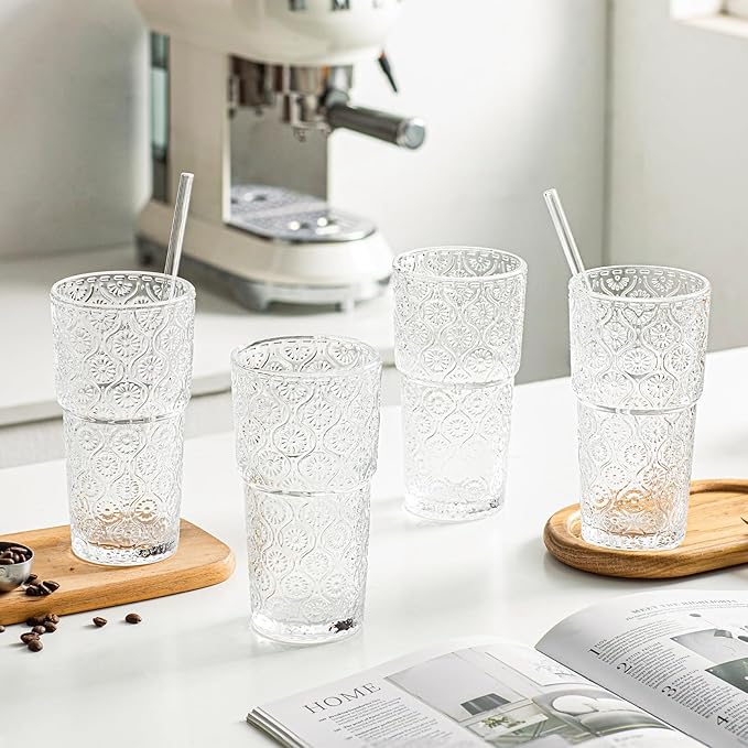 INSETLAN 20oz Begonia Flower Glass Tumbler Set of 2 – Thickened Glass Cups with Lids and Glass Straws for Iced Coffee, Smoothies, Milk, Water, and More – Elegant& Durable Drinkware