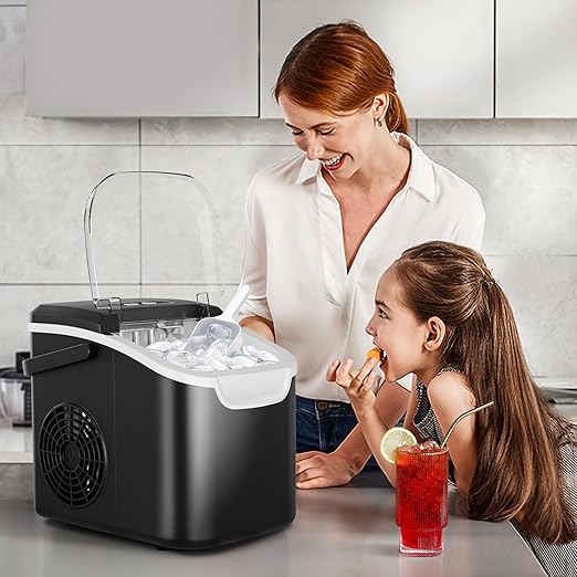 Crzoe Ice Makers Countertop with Handle, 2 Sizes of Ice, 8 Bullet Ice Cubes in 6 Mins, 26Lbs/24H, Portable Ice Maker with Self-Cleaning, Ice Machine for Home&Kitchen&Office&Party (Black)