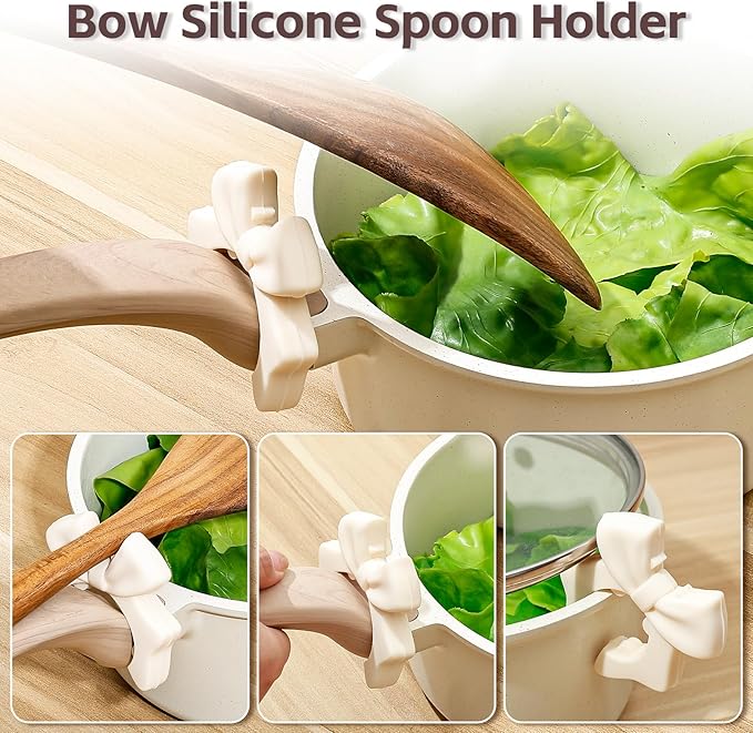 Koythin 3-Piece Bow Silicone Spoon Rest and Spatula Holder, Cute Spoon Rest for Kitchen Counter, Bow Shaped Cooking Holder and Steam Release, Drip-Free Kitchen Gadgets for Pots & Pans (White)