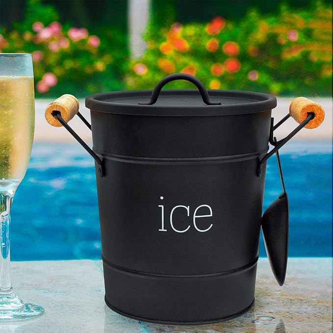 AuldHome Design Farmhouse Enamelware Ice Bucket (Black); Retro Style Insulated Metal Ice Server