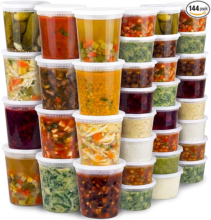 JoyServe 144 Sets Deli Containers with Lids – 16oz & 32oz – Leak Proof, Microwaveable, Dishwasher & Freezer Safe – Plastic Food Storage & Soup Containers