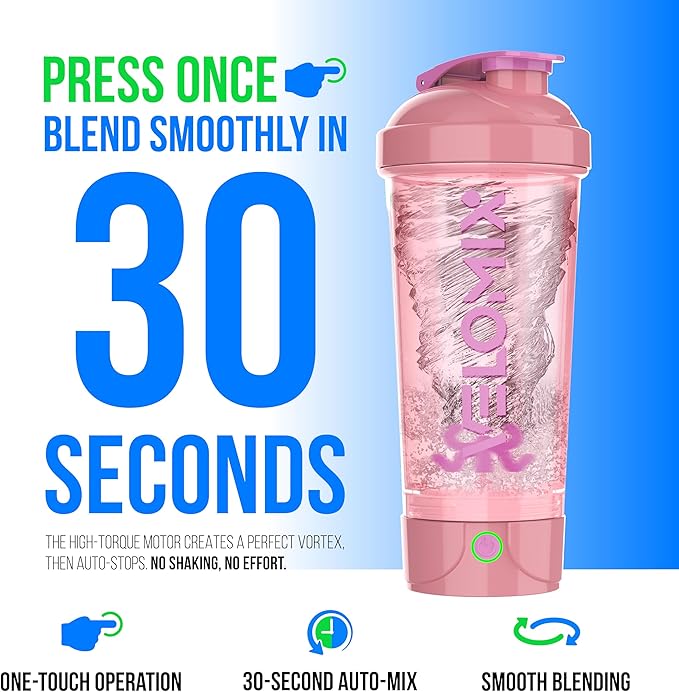 VELOMIX Electric Protein Shaker Bottle - 24 oz | USB-C Rechargeable | Leak Proof Shaker Cups for Protein Shakes | Portable Blender for Shakes and Smoothies (Electric - Pink)