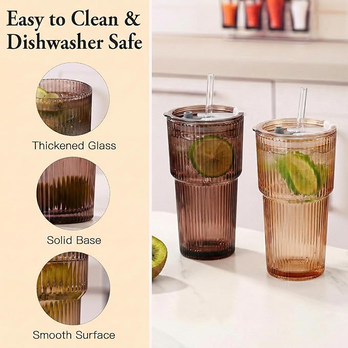 6PCS Venus Ribbed Glass Cups with Lids and Straws, 20oz Vintage Drinking Glasses, Aesthetic Iced Coffee Cups, Glass Tumbler for Boba, Beer, Tea, Cocktails, Brown Ribbed Glassware Set (Venus-6)