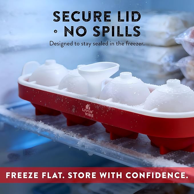 Silicone Ice Ball Freezer Tray with Lid – 4 Large Ice Spheres, One-Piece Funnel Design, Flexible Silicone Ice Mold for Cocktails, Whiskey, Iced Coffee & Everyday Drinks, BPA Free