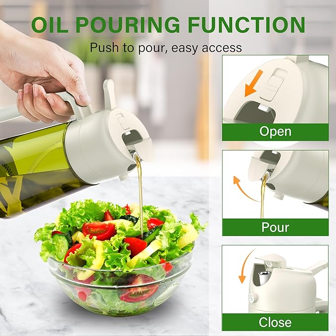 Vakoo 2 in 1 Oil Sprayer and Oil Dispenser for Kitchen - 16oz/470ml Light-Blocking Dark Glass Olive Oil Spray Bottle for Cooking, Air Fryer, Salad & BBQ (Green and White)