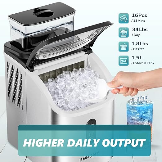 EUHOMY Ice Cube Maker Machine Countertop with External Water Tank, 2 Ways to Add Water, 34Lbs/Day, 16Pcs Ready in 7 Mins, Auto-Cleaning, with Ice Scoop & Basket, for Home/Kitchen/Office/Bar (Silver)