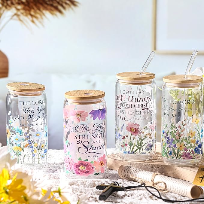 Mumufy 4 Pack Christian Gifts for Women Set Bible Verse 16oz Glass Tumblers with Straw, Inspirational Prayer Affirmation Cups, Religious & Spiritual Gift for Mom Wife Sister or Friends for Christmas